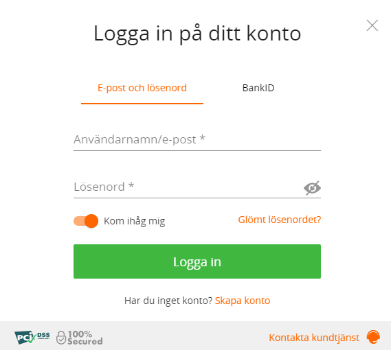 Logga in på Betsson med bank-id eller e-post och lösenord